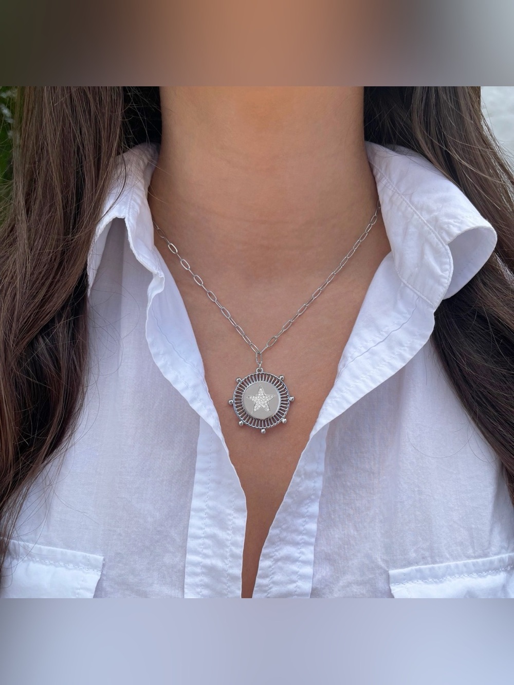 jennifer miller White Gold Plated Pave Star Medallion Necklace Luxury
